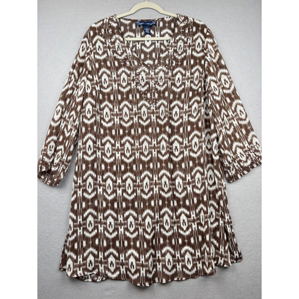 Susan Graver Tunic Womens 1X Ikat Beaded V Neck 3/4 Sleeve Boho